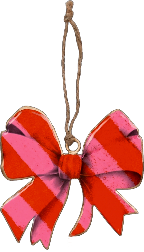 Anhänger in Form einer roten und rosa gestreiften Schleife mit brauner Kordel zum Aufhängen.