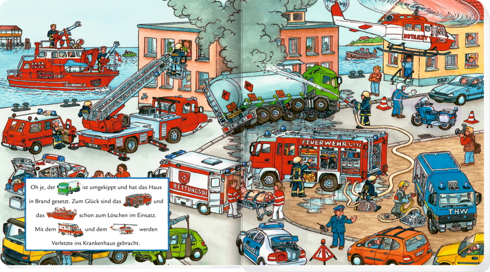 Doppelseite mit einem kleinen Text auf der linken Seite und einer Feuerwehrszene wie Feuerwehrautos, Krankenwagen, Polizei und Rettungshubschrauber im Einsatz in einer Stadt sind.