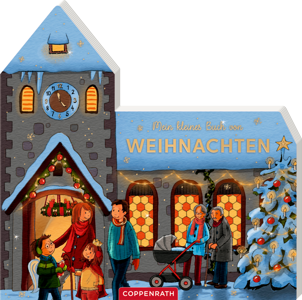 Auf dem Cover von "Mein kleines Buch von Weihnachten"ist eine festliche Kirchenszene mit Familien, Weihnachtsbaum und Weihnachtsdekoration am Gebäude, abgebildet.