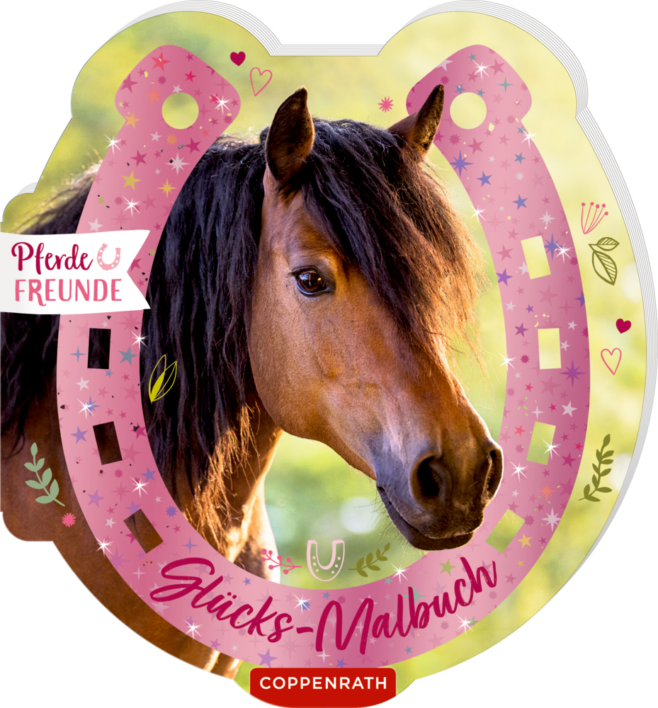Glücks-Malbuch - Pferdefreunde Braunes Pferd mit dunkler Mähne in einem rosa Hufeisen auf dem Cover eines Glücks-Malbuchs.