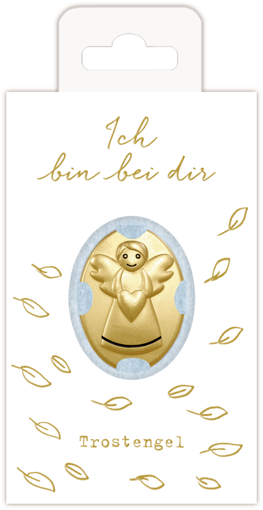 Goldene Schutzengelmünze in einer weißen Verpackung mit Sichtfolie und goldenen Blattverzierungen sowie Goldschrift.