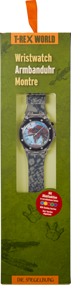 Kinder-Dinosaurier-Armbanduhr in grüner „T-REX WORLD“-Verpackung, Aufschrift „DIE SPIEGELBURG“.