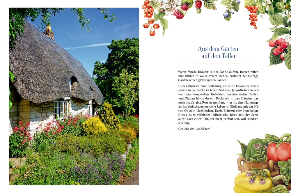 Links: Reetdachhaus mit Steinwänden, grüner Garten, blauer Himmel, Sonne scheint. Rechts: Text "Aus dem Garten auf den Teller".