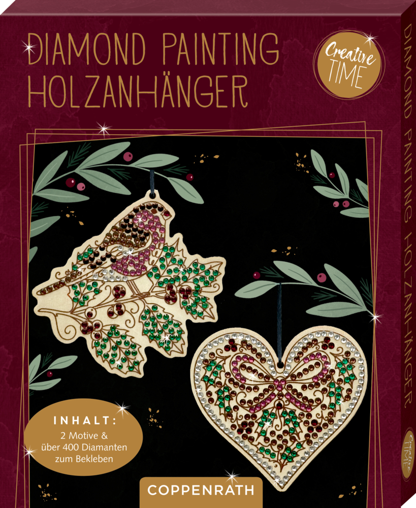Diamond-Painting-Set für Holzornamente – Vogel- und Herzdesigns mit farbenfrohen Edelstein- und Blattverzierungen.