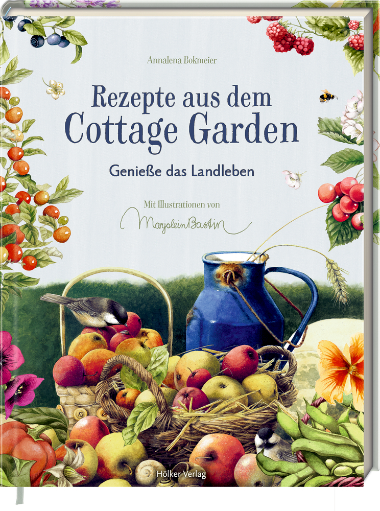 Buchcover mit Obst, Blumen, einer blauen Kanne und dem Titel Rezepte aus dem Cottage Garden.