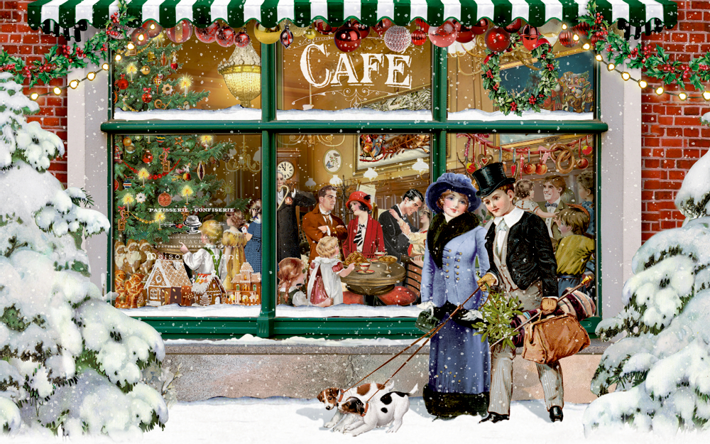 Nostalgisches Puzzle: Ein Paar mit Hund vor einem weihnachtlich geschmückten, verschneiten Café.