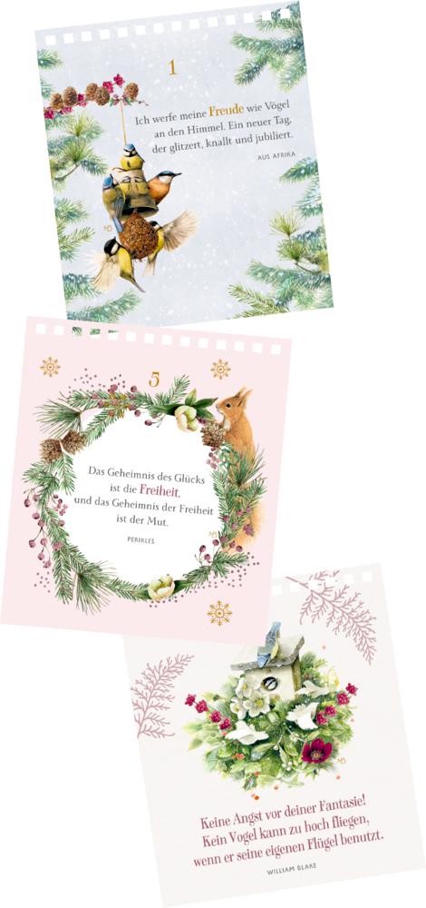 Drei Kalenderblätter mit winterlichen Illustrationen von Vögeln, Eichhörnchen, Nistkasten und Tannenzweigen sowie Zitaten und Datumszahlen.