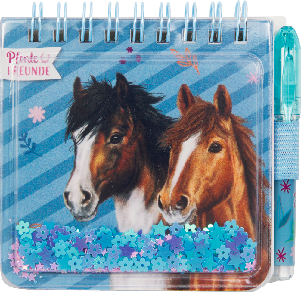 Spiralblock mit Blumenkonfetti im Sichtfenster, Illustration zweier Pferde, blauen Streifen und blauem Stift an der Seite befestigt.