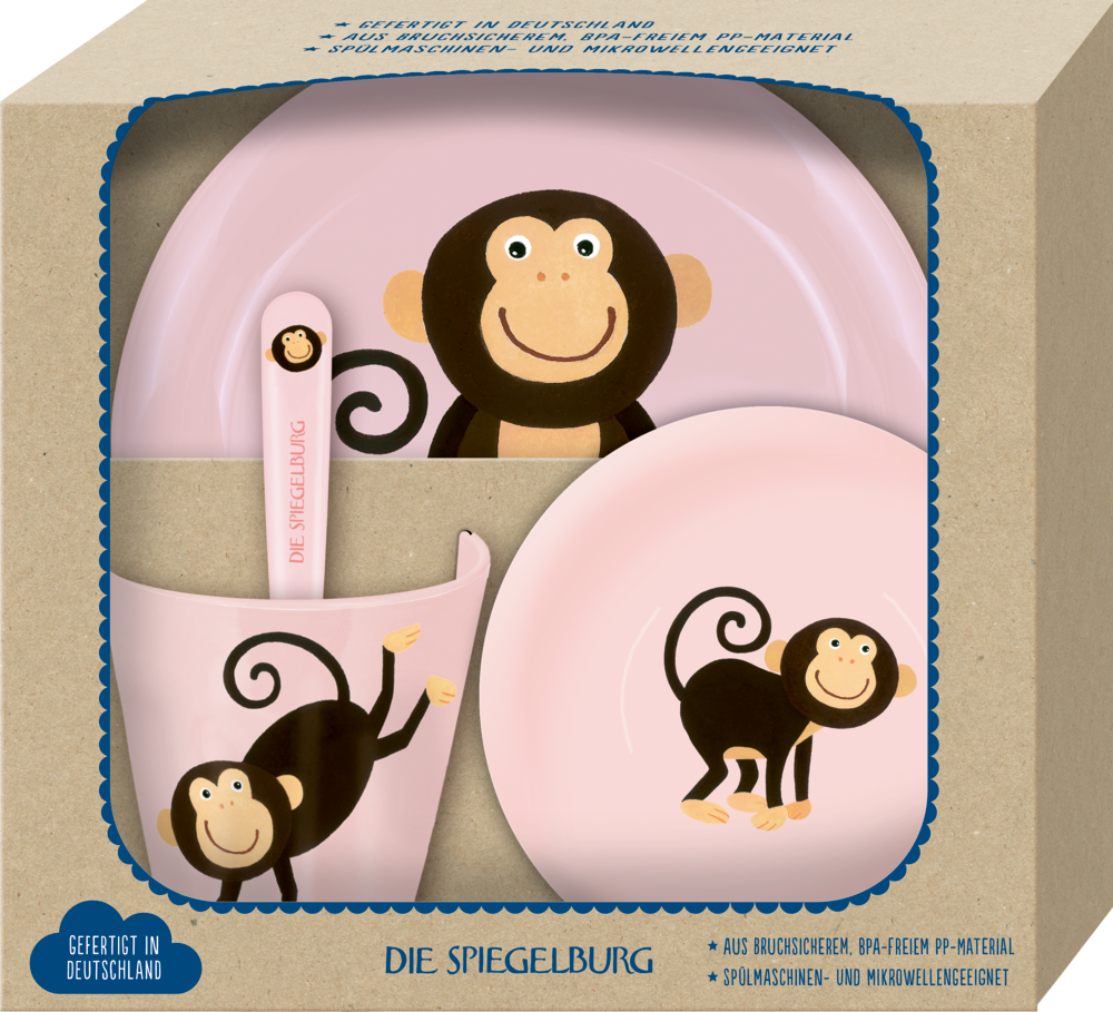 Geschirr Geschenkset Affe - Freche Rasselbande Rosa Kindergeschirrset mit Cartoon-Affen: Teller, Schüssel, Becher und Löffel. Wird im Karton geliefert.