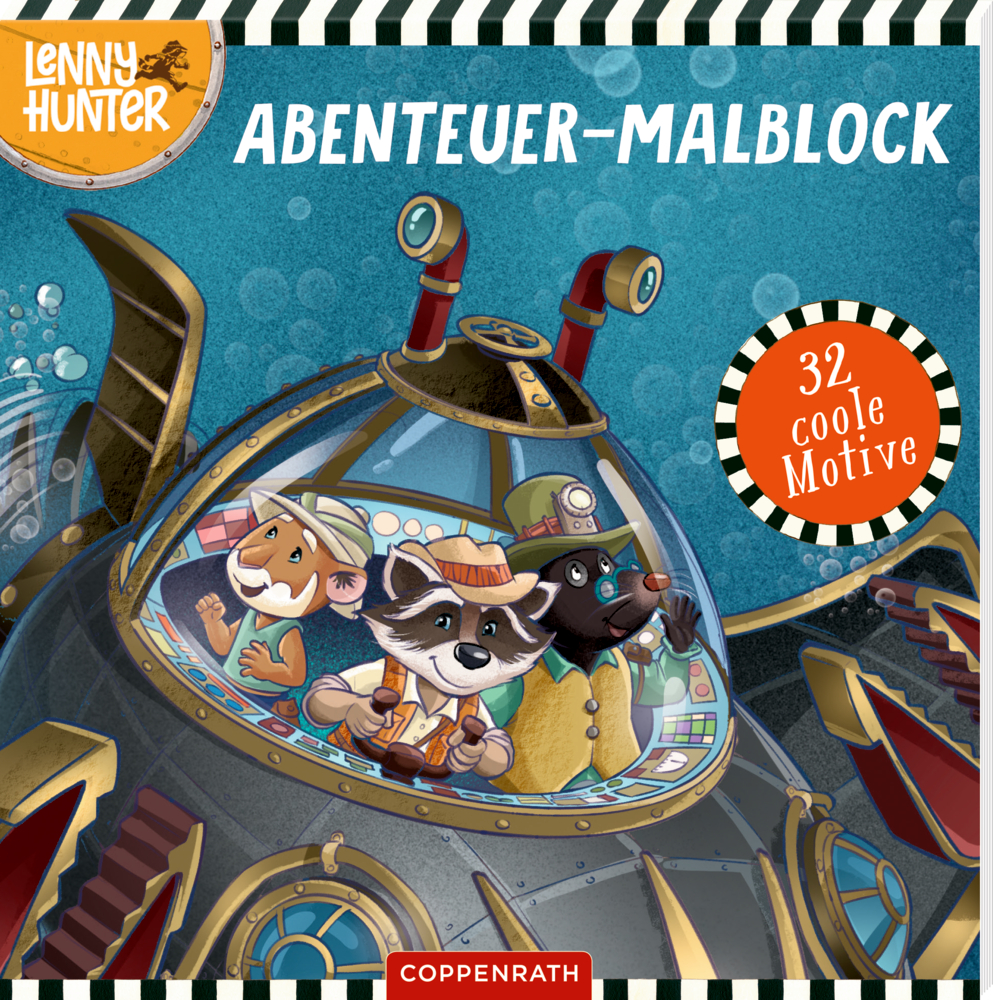 Abenteuer-Malblock: 32 coole Motive (Lenny Hunter) Cartoon Tiere in einem gelben U-Boot unter Wasser, "Lenny Hunter Abenteuer-Malblock: 32 coole Motive".
