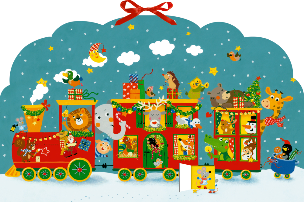 Farbenfroher Tierzug mit Weihnachtsdekor und Geschenken vor einem verschneiten, sternenklaren Nachthimmel.