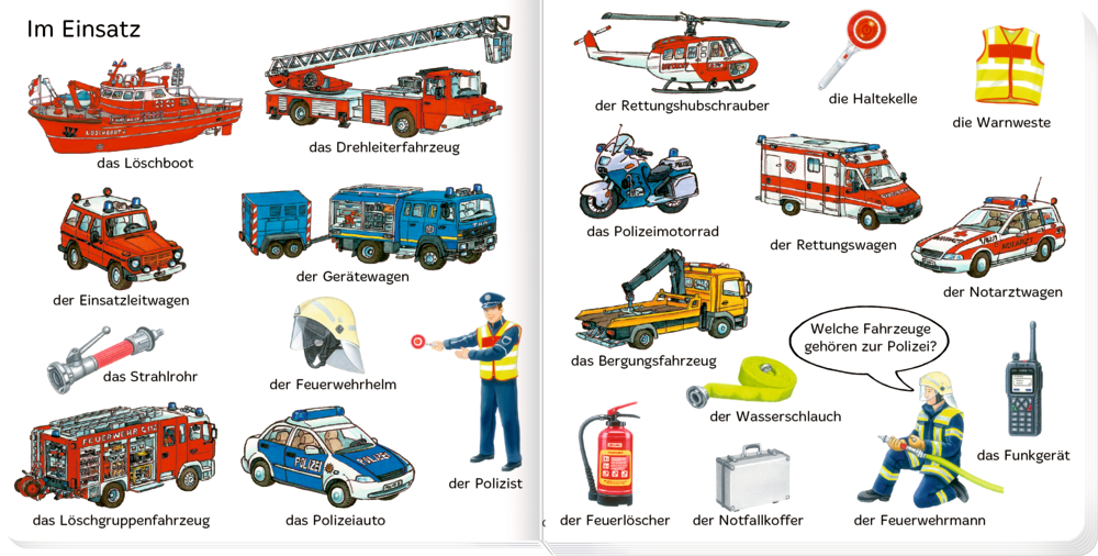 Abbildungen von Einsatzfahrzeugen, Rettungsausrüstung und Personal mit  Bezeichnungen auf einer weißen Seite.