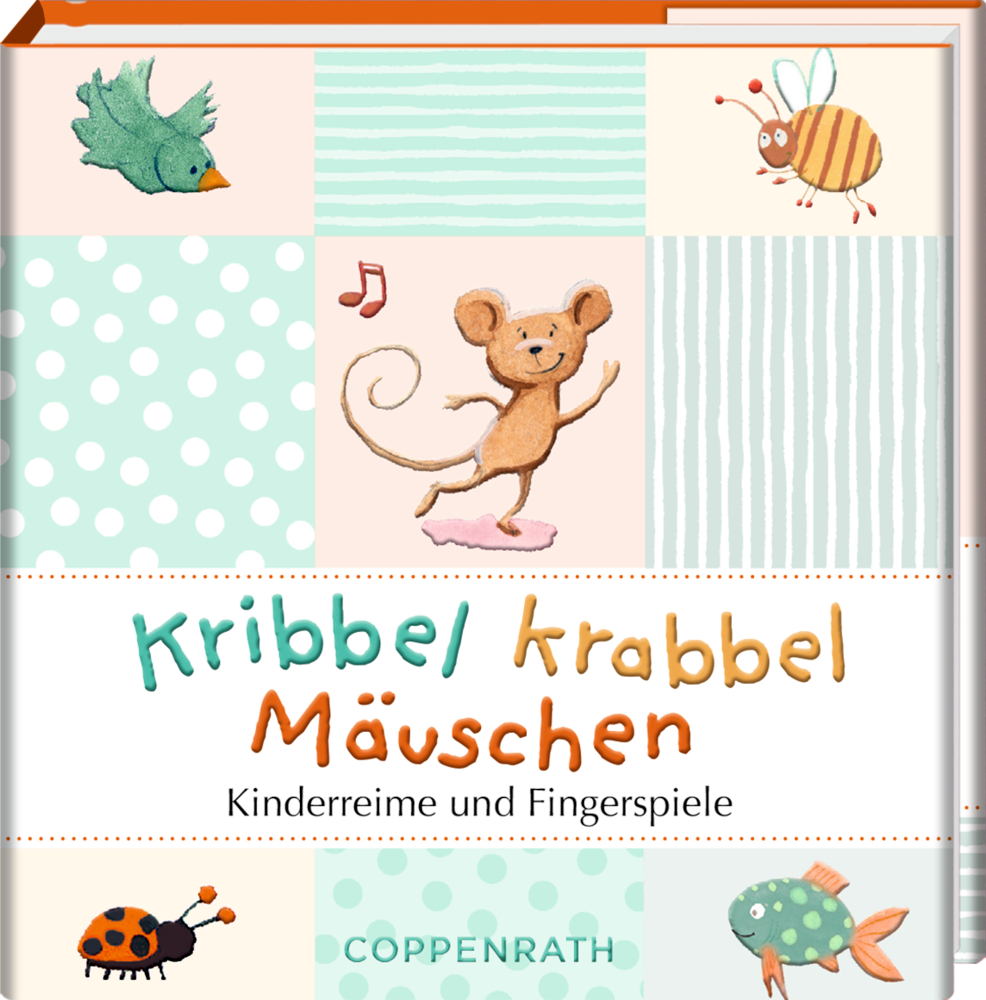 BiblioPhilia: Kribbel krabbel Mäuschen Kinderbuchcover von "Kribbel krabbel Mäuschen - Kinderreime und Fingerspiele" mit einer tanzenden Maus, Tieren auf bunten Mustern.
