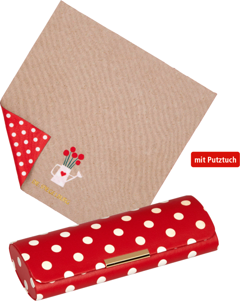 Rotes Brillenetui mit Punkten und passendem Tuch, beide mit kleinem Gießkannen-Design.