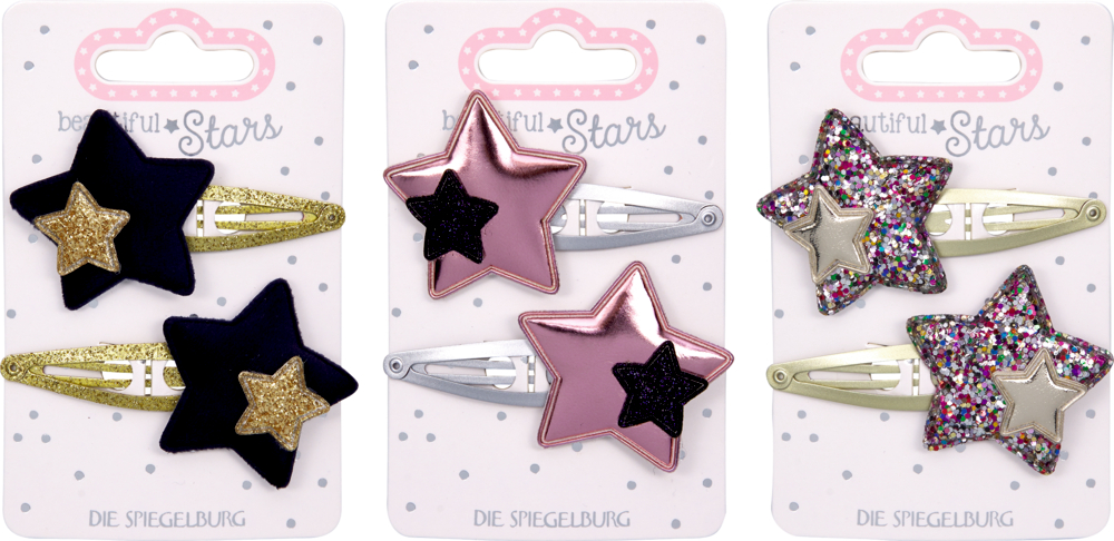 Drei Sets mit Stern-Haarspangen: schwarz-gold, rosa-schwarz und buntgiltzer-silber, jeweils zwei Stück auf Karten befestigt.