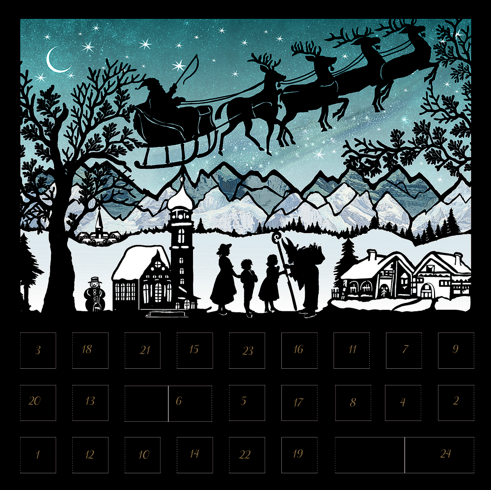 Der Schlitten des Weihnachtsmanns fliegt über ein verschneites Dorf mit Bergen, Häusern und einem Adventskalender darunter.