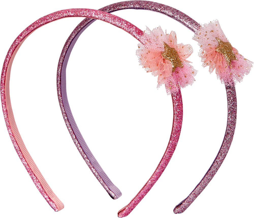 Zwei glitzernde rosa Haarreifen mit rosa Tüllquasten und goldenem Stern.