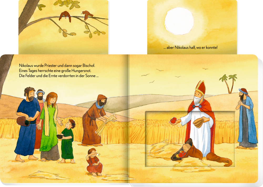 Doppelseite aus einem Buch mit Schiebern, ein illustrierter Bischof teilt Brot mit hungrigen Dorfbewohnern, Kindern und Erwachsenen, auf einem sonnigen Weizenfeld.
