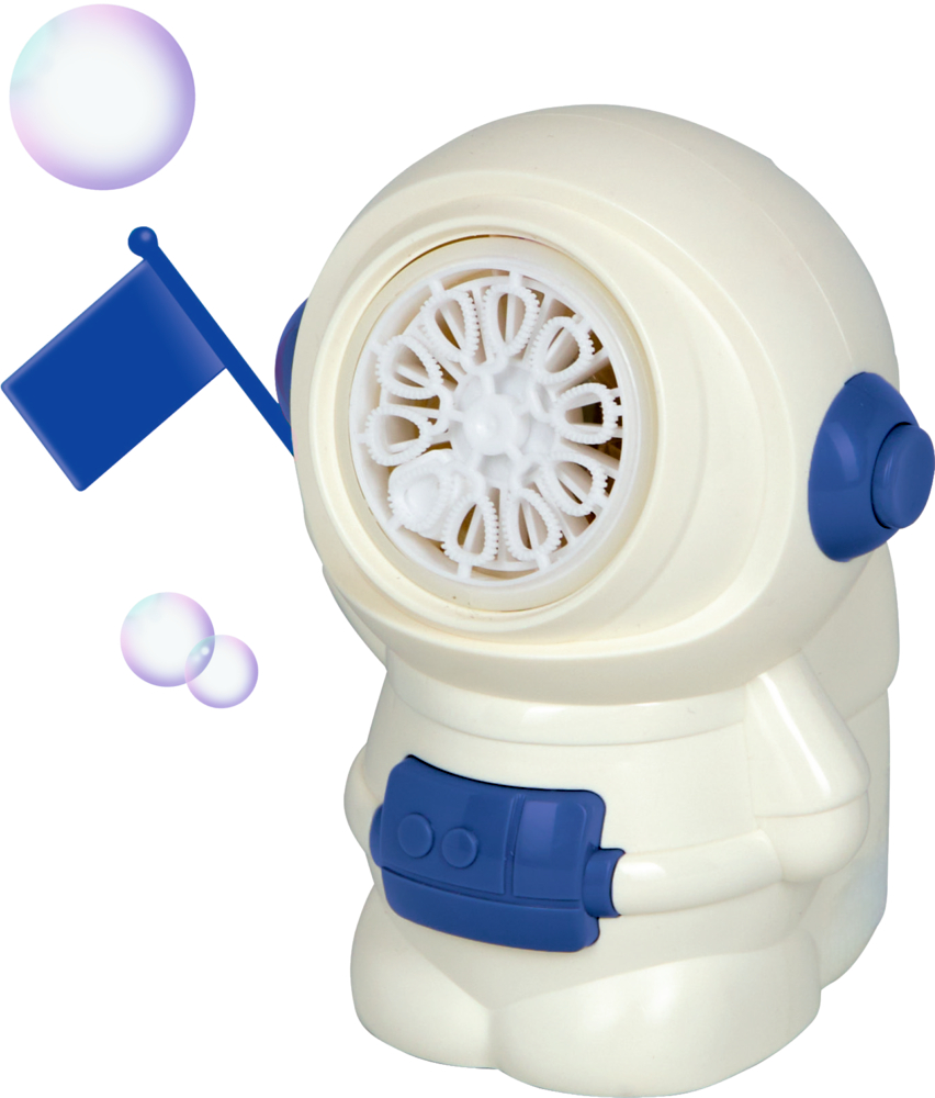 Spielzeug-Astronaut hält blaue Flagge und bläst unterschiedlich große Seifenblasen aus seinem Helm.