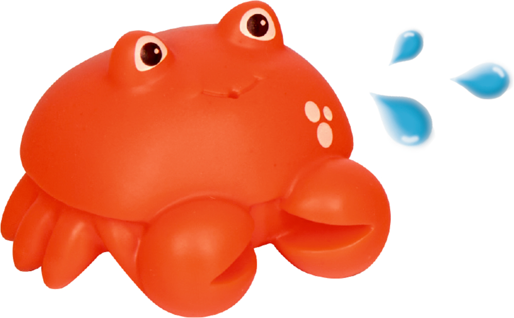 Rote Spielzeugkrabbe spritzt blaue Wassertropfen und hat ein fröhliches Gesicht