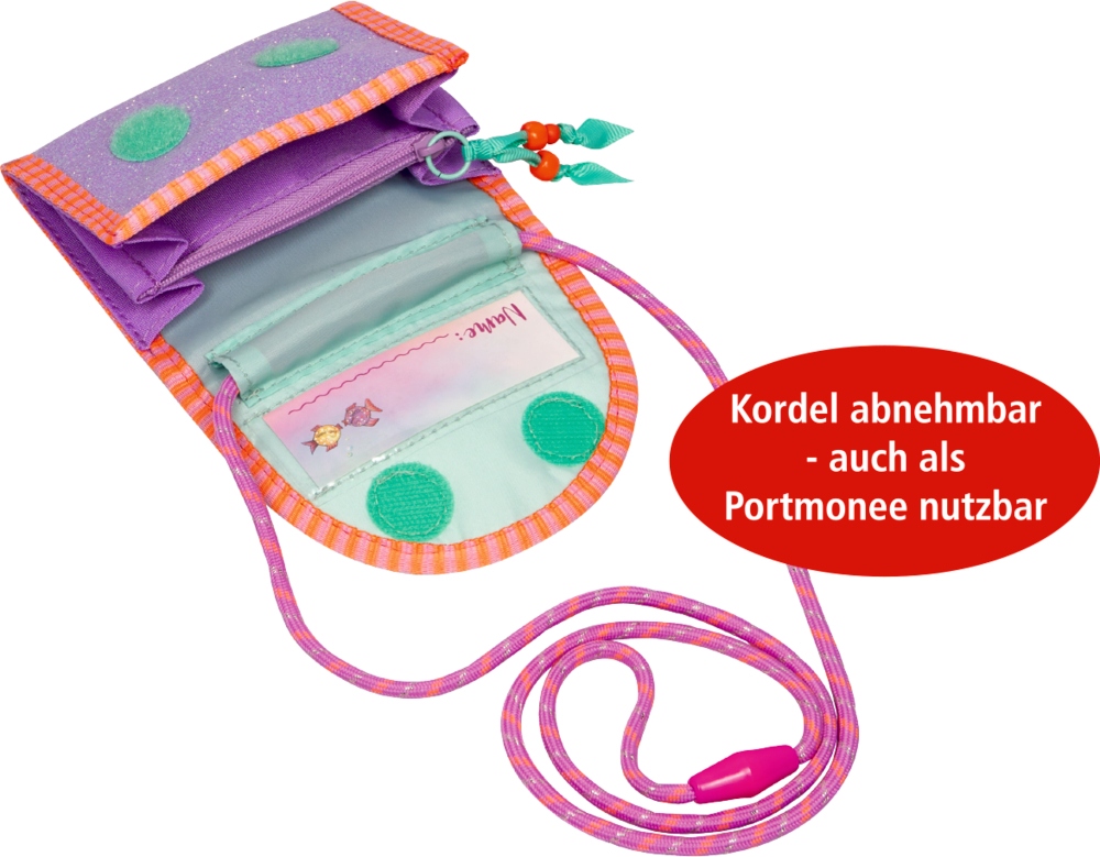 Bunte Kinder-Geldbörse mit Kordel, geöffnet mit Fächern, Text weist auf abnehmbare Kordel hin.