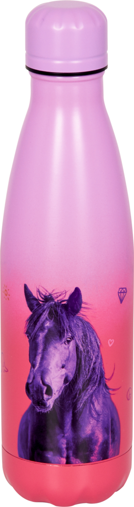 Isolierflasche Love (ca.0,5 l) - I LOVE HORSES Rosa Wasserflasche mit einer lila Pferdeillustration und kleinen dekorativen Symbolen.