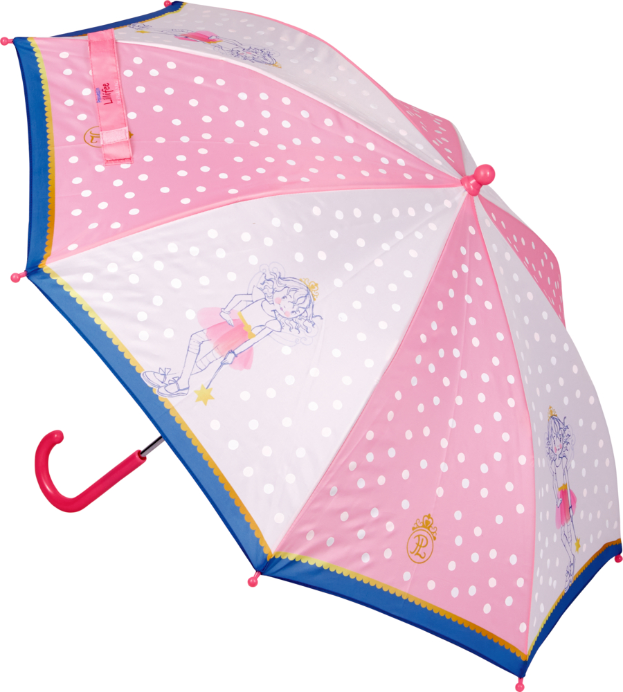 Rosa-weiß gepunkteter Regenschirm mit Cartoon-Prinzessinnen-Design und rosa gebogenem Griff.