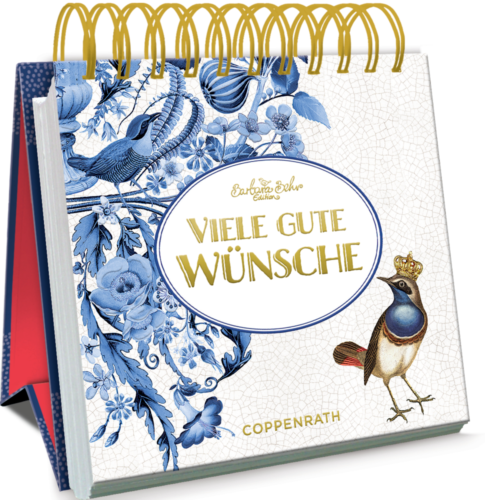 Kleines Spiralaufstellbuch: Viele gute Wünsche (B. Behr) Spiralaufsteller mit blauem Blumenmuster, Vögeln und „Viele gute Wünsche“ auf dem Einband.