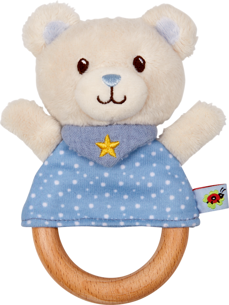 Greifling Teddy, hellblau - BabyGlück Plüschbärrassel mit blauem Punkte-Outfit, Holzring und gelbem Stern am Halsband.