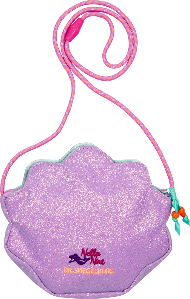 Glitzernde lila Muschel-Tasche mit pink-orangefarbenem Riemen und zwei kleinen Zierperlen.