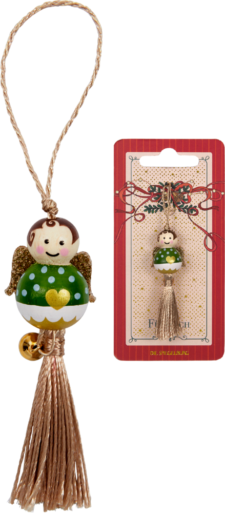 Kleiner Holzanhänger in Form eines Engels mit grün gepunktetem Körper, goldenen Flügeln, Quaste und Glöckchen, daneben verpackte Variante.