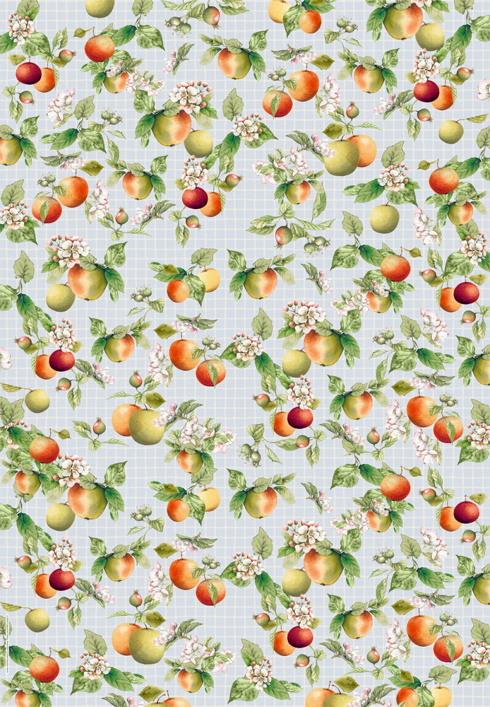 Pfirsiche und Äpfel im Aquarellstil mit grünen Blättern und weißen Blüten auf hellem Gittermuster.