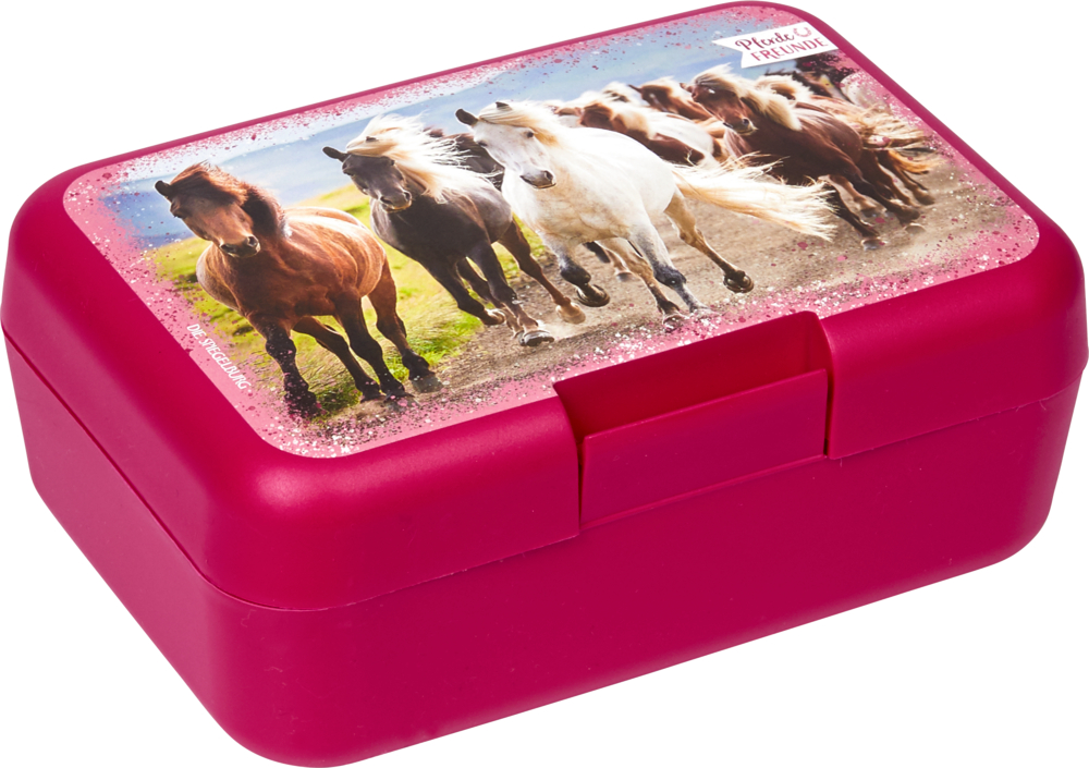 Butterbrotdose Pferdefreunde Dunkelrote Brotbox mit einem Bild von rennenden Pferden auf dem Deckel.