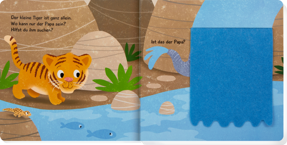Ein Tigerjunges sucht seinen Vater bei Felsen und Wasser, während eine blaue Klappe eine Figur verbirgt, auf einer Innenansicht mit Text.