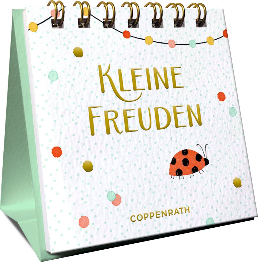 Mini-Spiralaufsteller: Kleine Freuden (Viel Glück) Mintgrüner Klappkalender, „Kleine Freuden“ und Marienkäfer auf dem Cover, verziert mit bunten Punkten.