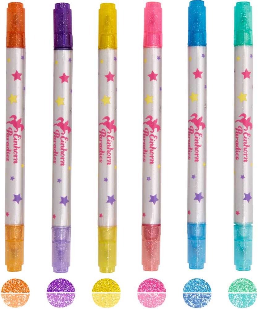 Sechs Glitzermaler mit Doppelspitze in verschiedenen Farben, mit Sternendesigns und „Einhorn Paradies“-Etiketten.