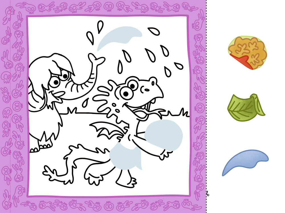 Ein Mammut spritzt Wasser auf einen verspielten Drachen; rechts erscheinen farbige Objekte, auf der Seite.