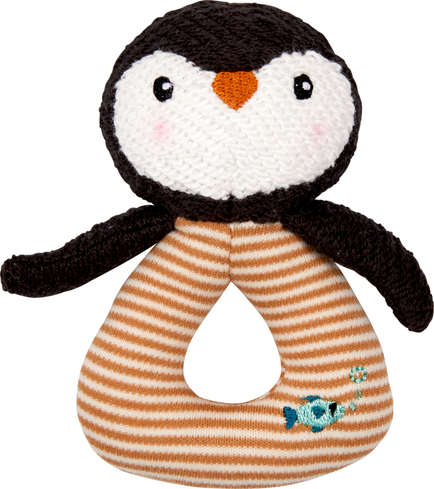 Ringrassel Pinguin Little Wonder (nachhaltig mit Recycling-Material und Baumwolle aus kontrolliert biologischem Anbau) Plüschige Pinguin-Babyrassel mit gestreiftem Körper und kleiner Fischstickerei an der Basis.