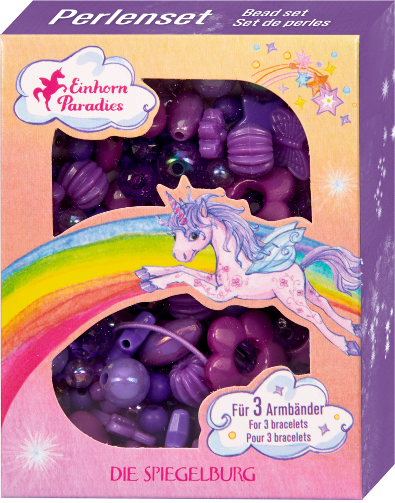 Perlenset Lila - Einhorn-Paradies Perlenset-Box mit violetten Perlen und Regenbogen- und Einhorn-Illustration auf der Vorderseite.