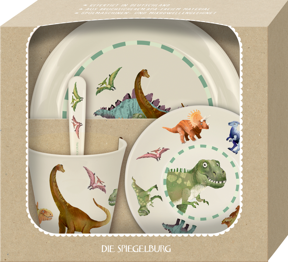 Geschirr Geschenkset - Dino Friends Geschirrset für Kinder mit Dinosauriermotiven: Teller, Schüssel, Tasse, Gabel und Löffel in einem Karton mit Sichtfenster.