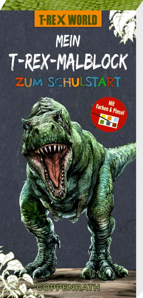 Illustration von brüllendem T-Rex auf Buchcover, umgeben von Schulsachen, Schriftzüge im Hintergrund.