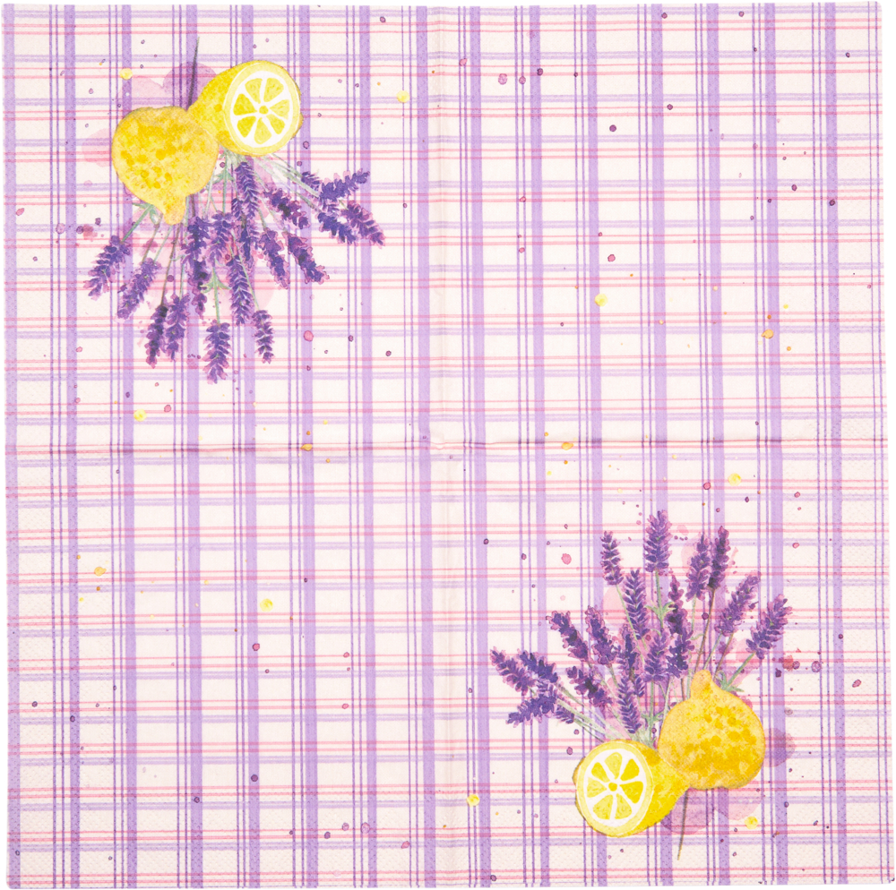 Zitronen und Lavendelzweige auf rosa und lila kariertem Hintergrund, diagonal angeordnet.