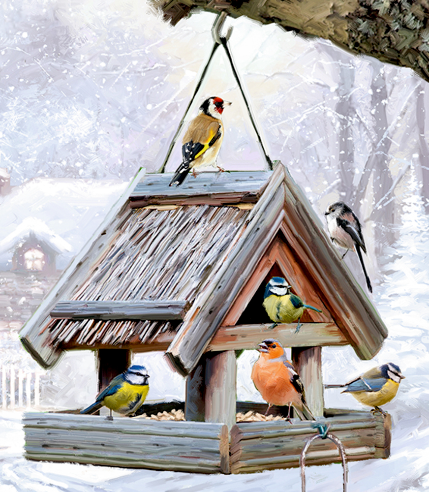 Ein verschneites Vogelhaus hängt am Ast, bunte Vögel sitzen im Winter darauf.