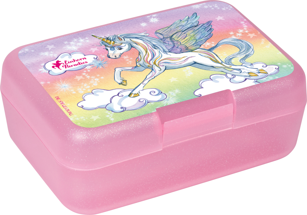 Rosa Glitzer-Lunchbox mit einer Regenbogen-Einhorn- und Wolken-Illustration auf dem Deckel.