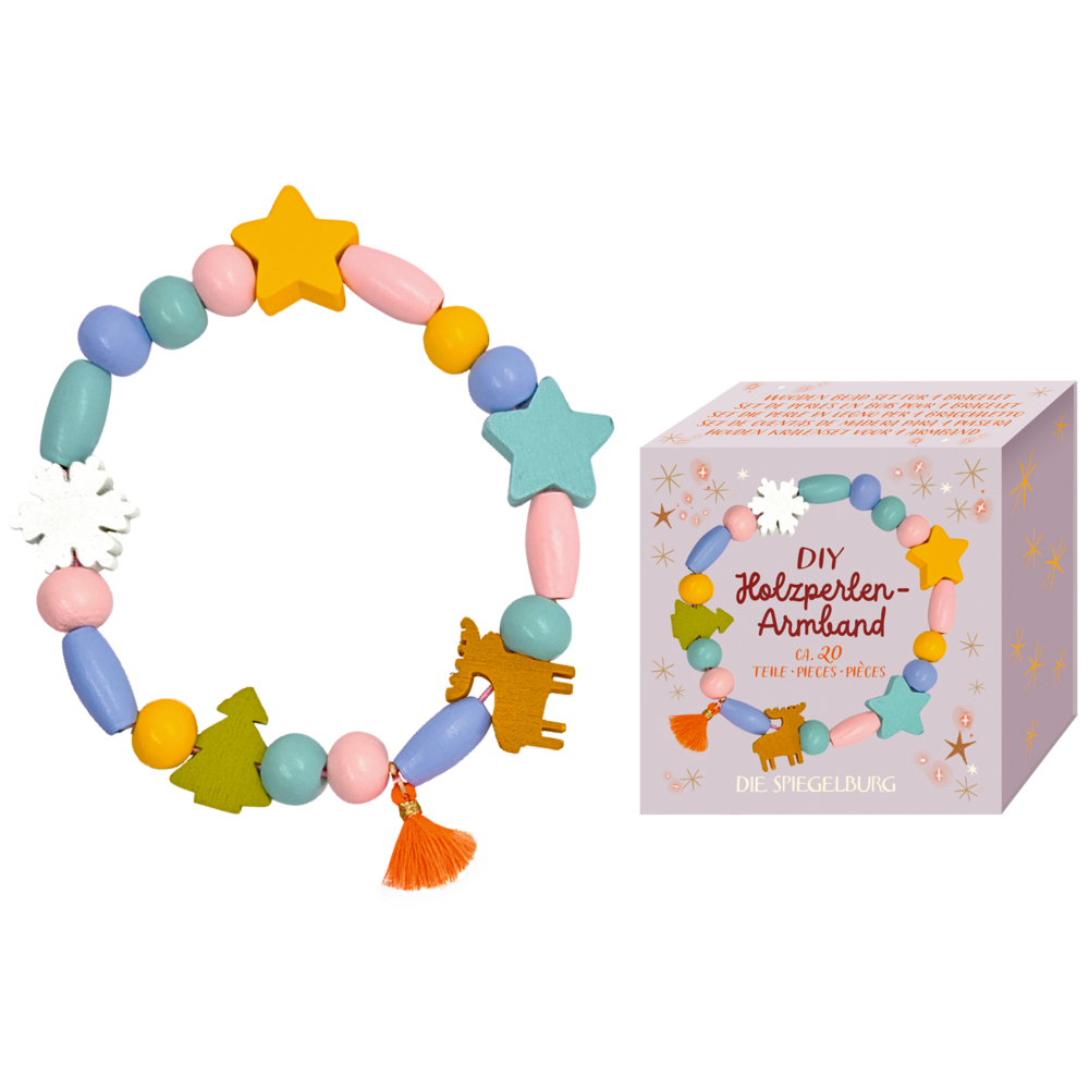 Buntes Armband aus Holzperlen mit Stern-, Schneeflocken- und Quastenanhängern neben der Verpackungsbox.