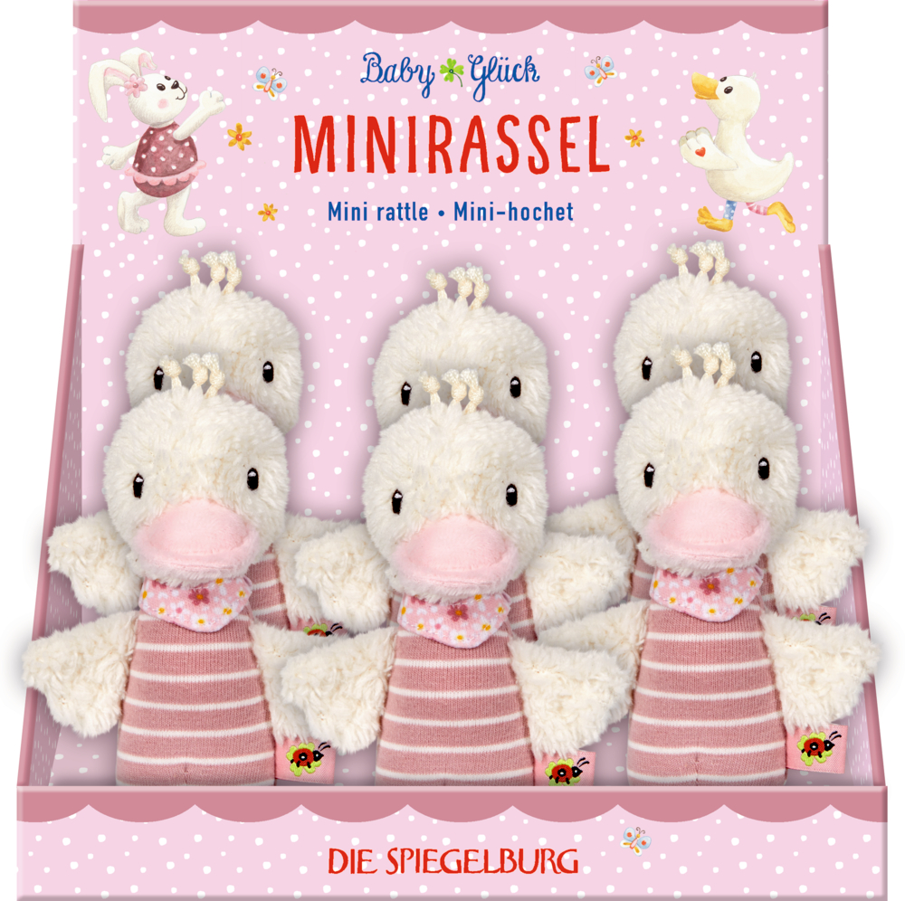Sechs rosa gestreifte Plüsch-Enten-Minirasseln in einer „Minirassel“-Displaybox.