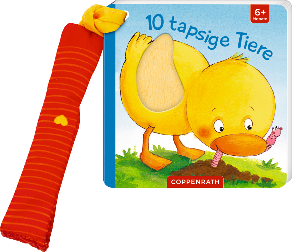 Mein erstes Fühl-Buch für den Buggy: 10 tapsige Tiere Babybuch „10 tapsige Tiere“ mit gelbem Enteneinband und roter Schlaufe, geeignet für Kinder ab 6 Monaten.