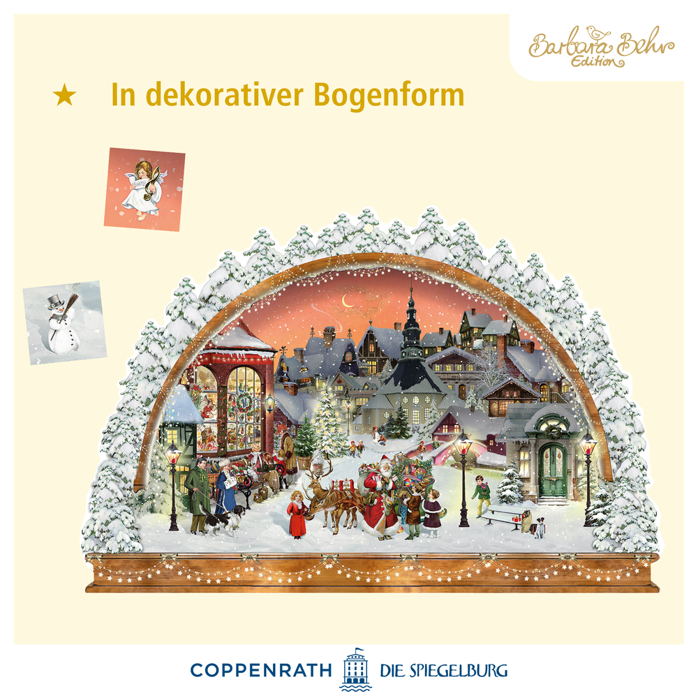 Bogenförmiger Adventskalender mit Winterstadt mit beleuchteten Häusern, Personen, Tannenbaum und Schneelandschaft.