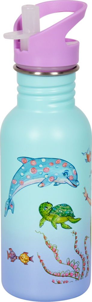 Türkisfarbene Metallflasche mit violettem Deckel und Delfinmotiv.