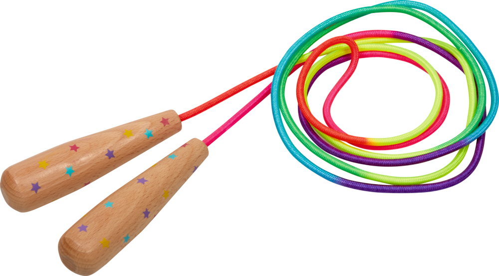 Springseil - Einhorn-Paradies Buntes Springseil mit sternverzierten Holzgriffen, ordentlich aufgerollt auf weißem Hintergrund.